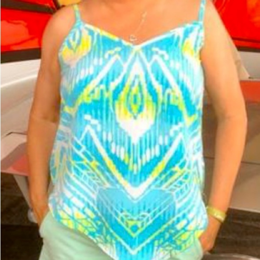 INC International Concepts women’s handkerchief tank top. Blue and yellow.